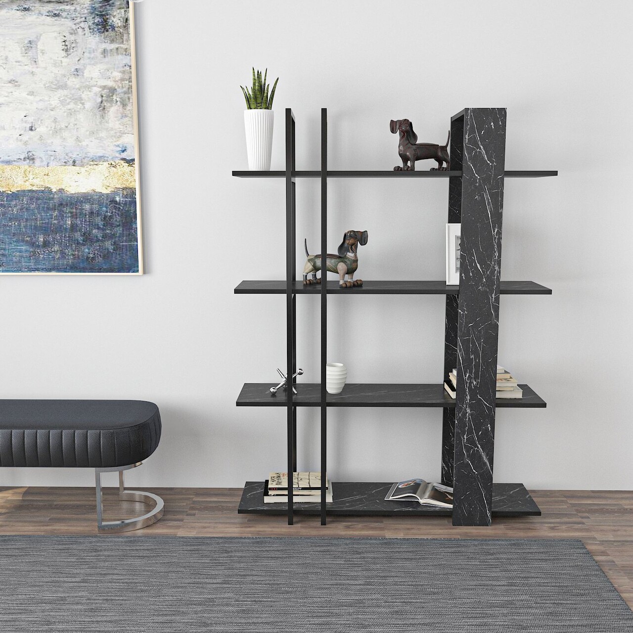 Corp biblioteca, Hanah Home, Onno, 120x160x31 cm, Alb/Negru - imagine 6